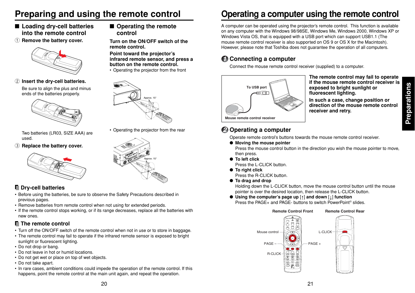 Preparing and using the remote control, Operating a computer using the remote control, Senses commands from the remote control | P.20, P.21, Preparations | Toshiba TDP-TW355 User Manual | Page 11 / 47