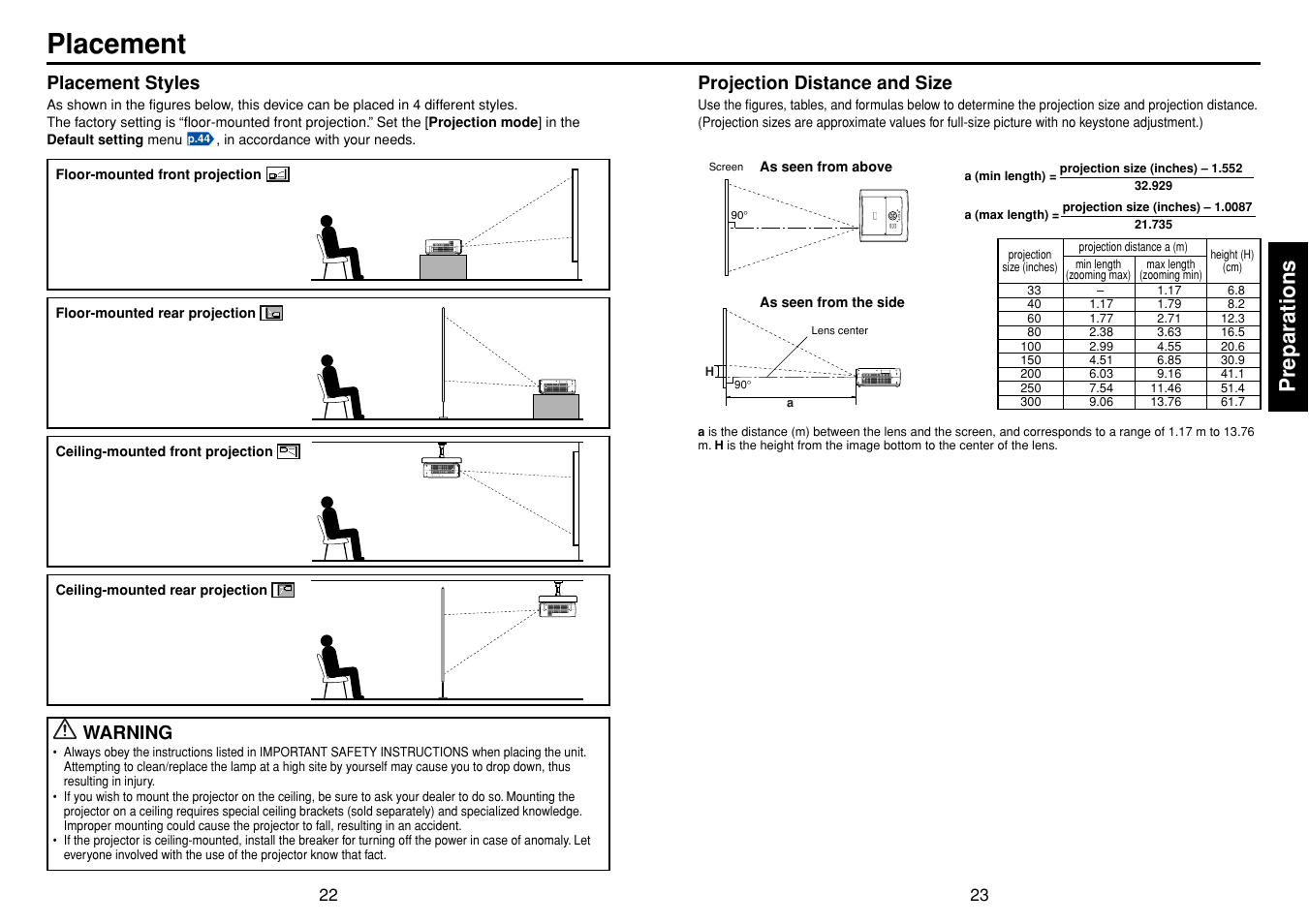 Placement, Preparations, Placement styles | Warning, Projection distance and size | Toshiba TDP-TW355 User Manual | Page 12 / 47