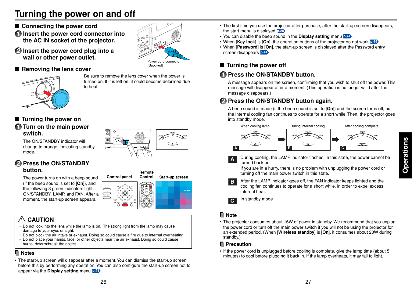 Operations, Turning the power on and off, P.26 | P.27 | Toshiba TDP-TW355 User Manual | Page 14 / 47