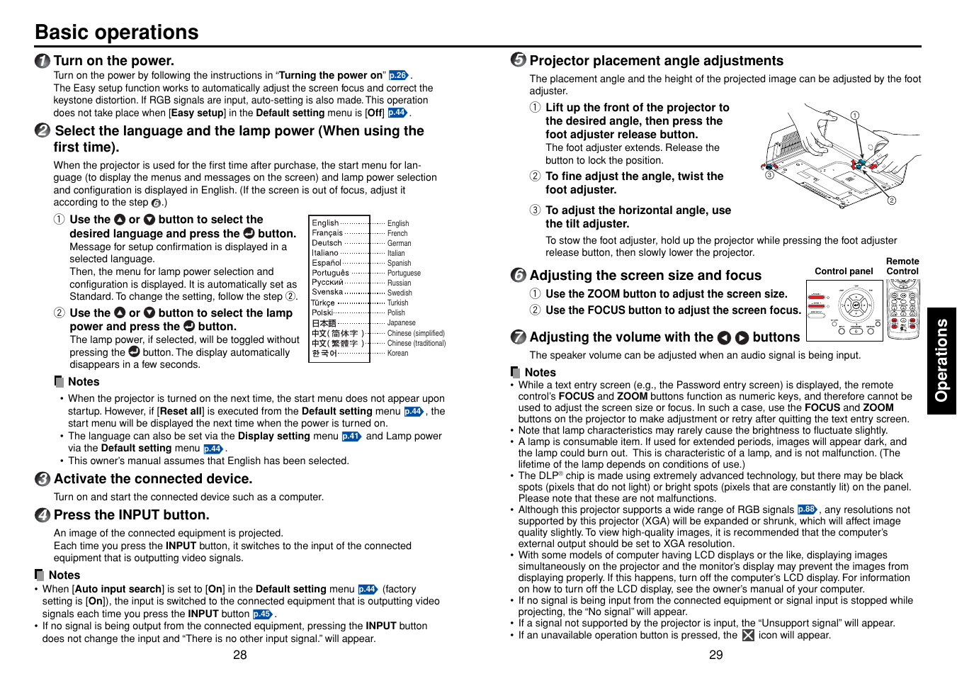 Basic operations, P.29, Input | P.28, Operations | Toshiba TDP-TW355 User Manual | Page 15 / 47