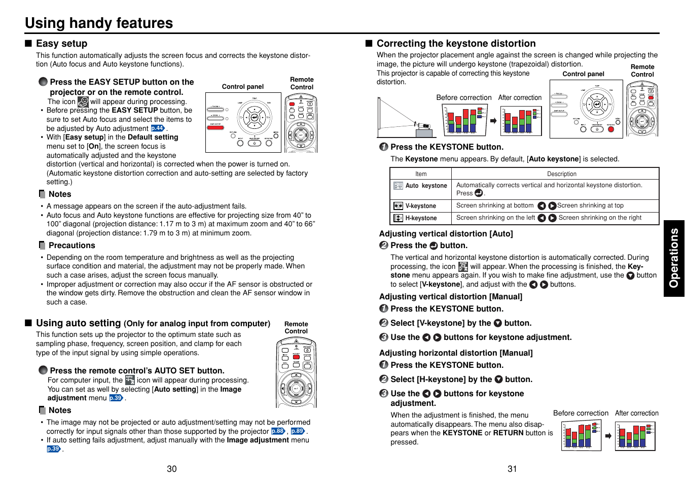 Using handy features, Easy setup, Using auto setting | Correcting the keystone distortion, P.30, P.31, Operations | Toshiba TDP-TW355 User Manual | Page 16 / 47