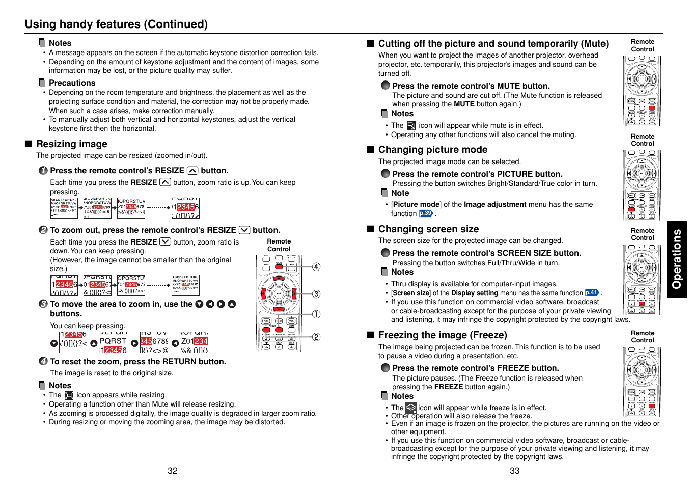 Resizing image, Changing picture mode, Changing screen size | Freezing the image (freeze), P.33, P.32, Operations, Using handy features (continued) | Toshiba TDP-TW355 User Manual | Page 17 / 47