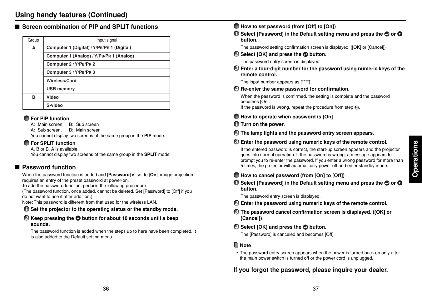 Screen combination of pip and split functions, Password function, Operations | Using handy features (continued) | Toshiba TDP-TW355 User Manual | Page 19 / 47