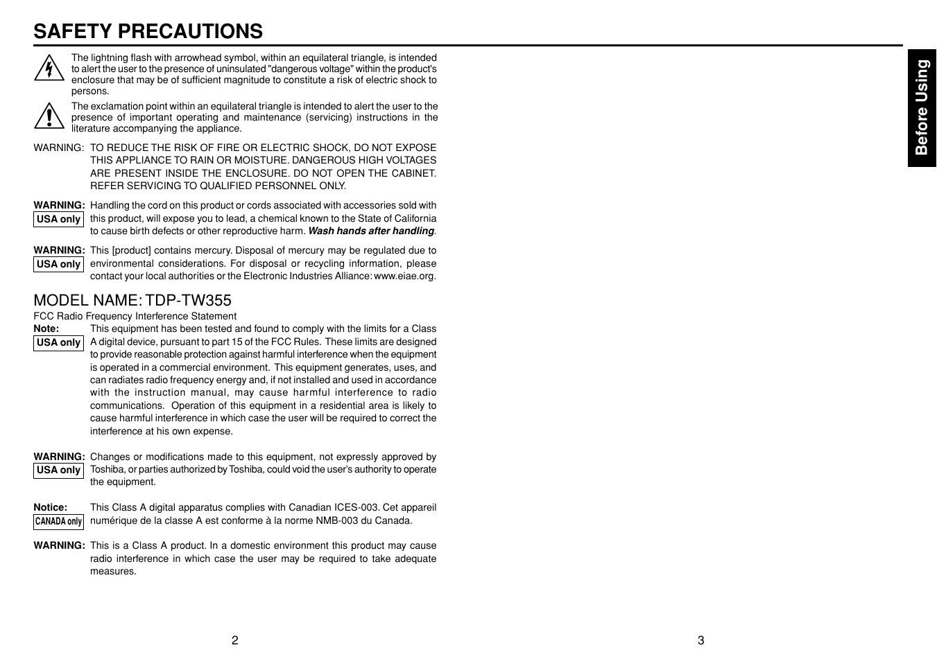 Before using, Safety precautions before using, Safety precautions | Model name: tdp-tw355 | Toshiba TDP-TW355 User Manual | Page 2 / 47