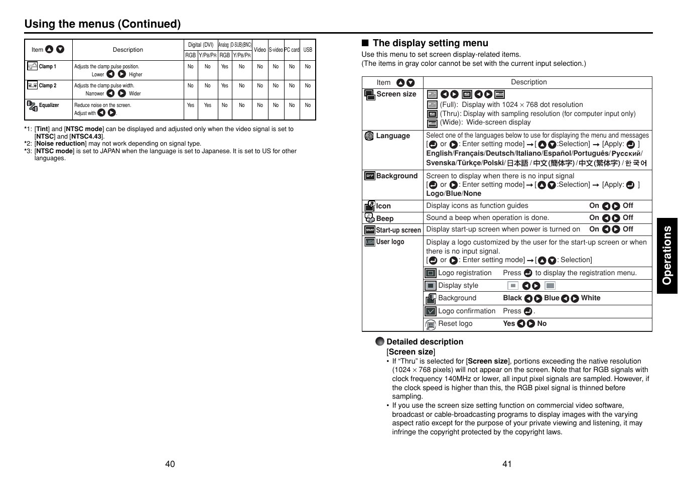The display setting menu, P.41, Operations | Using the menus (continued) | Toshiba TDP-TW355 User Manual | Page 21 / 47