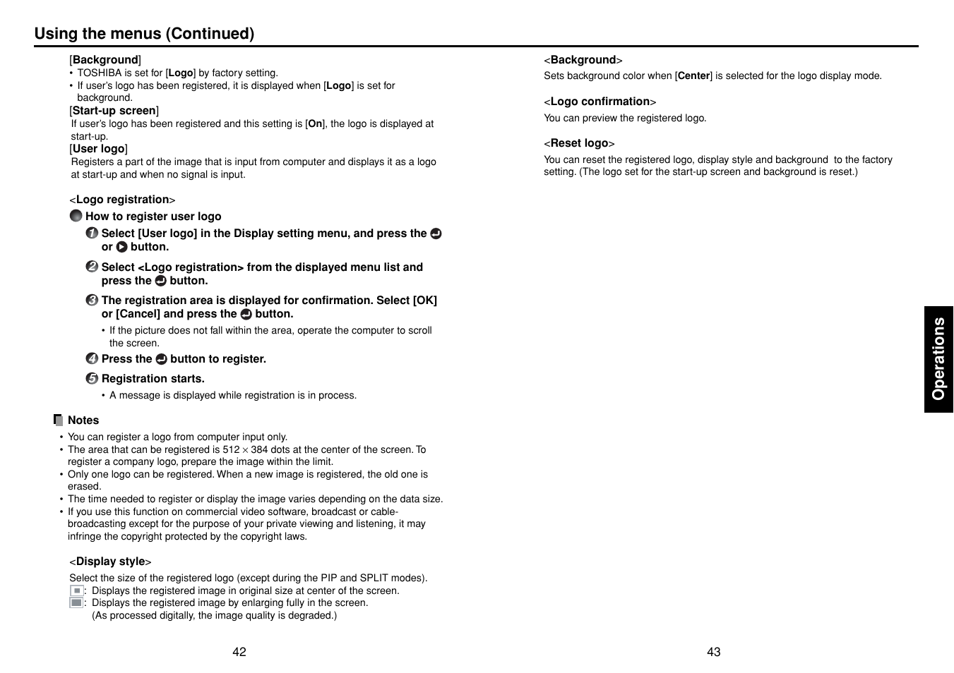 Operations, Using the menus (continued) | Toshiba TDP-TW355 User Manual | Page 22 / 47