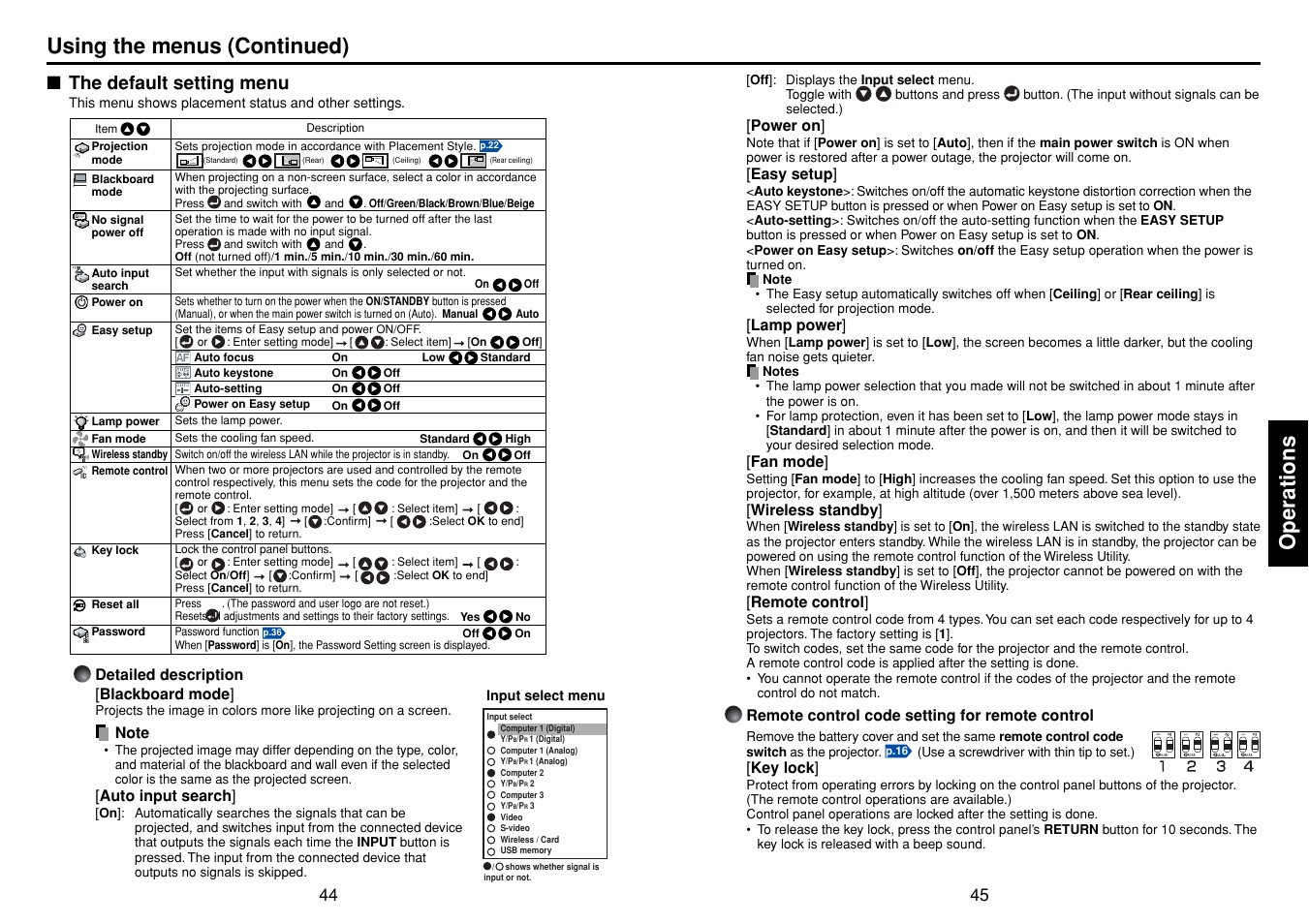 The default setting menu, P.45, P.44 | Screen disappears, Utton, Operations, Using the menus (continued) | Toshiba TDP-TW355 User Manual | Page 23 / 47