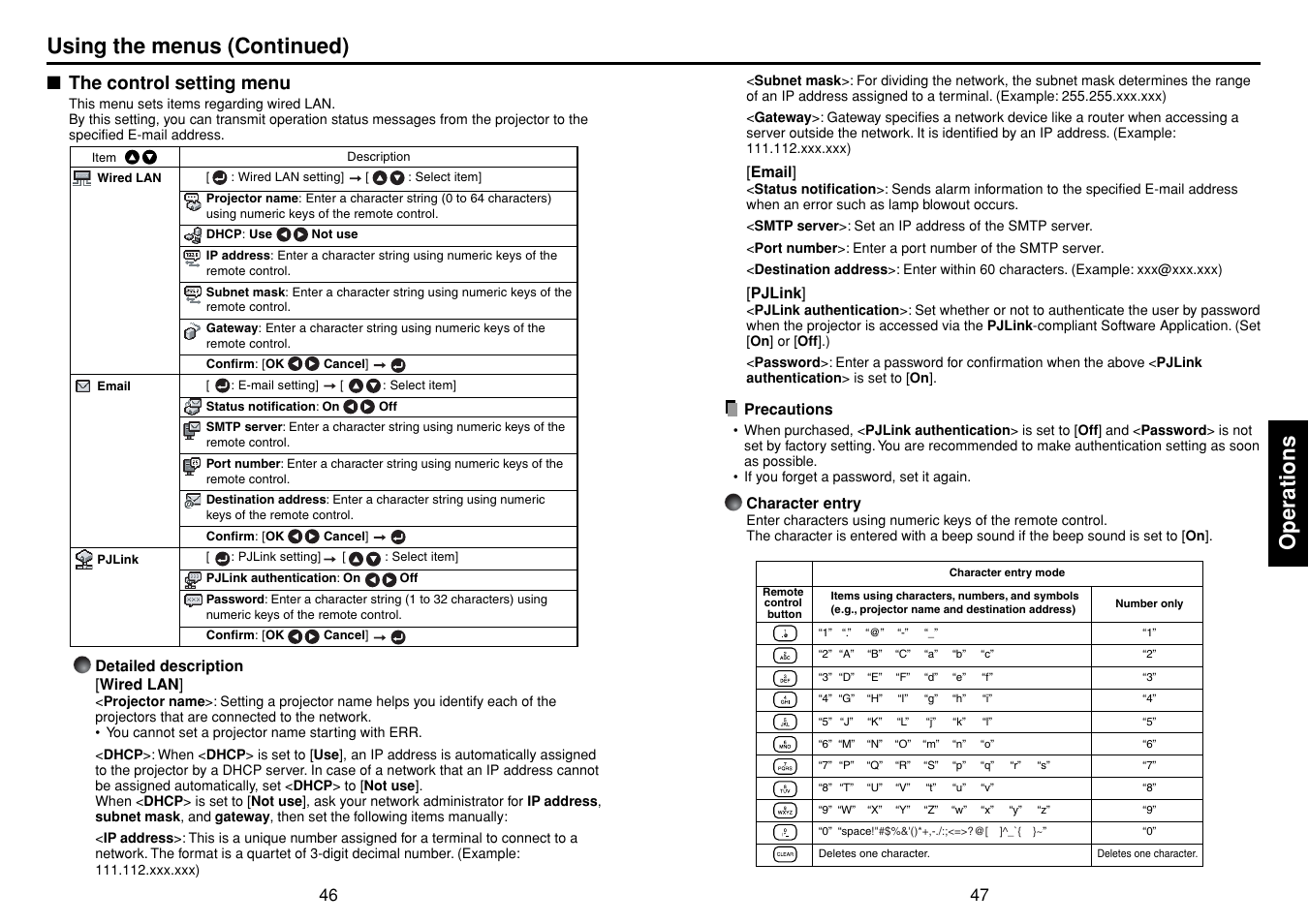 The control setting menu, P.47, P.46 | Operations, Using the menus (continued) | Toshiba TDP-TW355 User Manual | Page 24 / 47