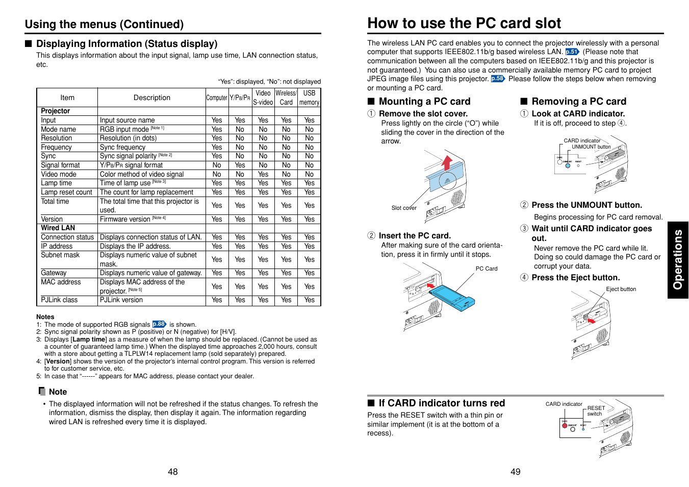 Displaying information (status display), How to use the pc card slot, P.49 | P.48, Operations, Using the menus (continued) | Toshiba TDP-TW355 User Manual | Page 25 / 47