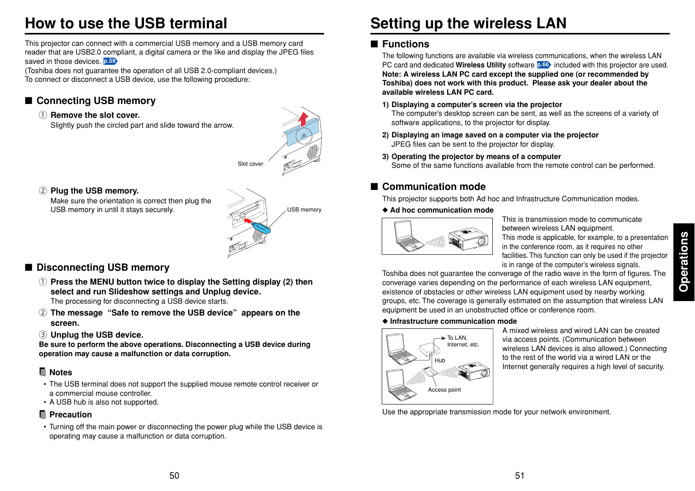 How to use the usb terminal, Setting up the wireless lan, Functions | Communication mode, P.50, P.51, Operations | Toshiba TDP-TW355 User Manual | Page 26 / 47