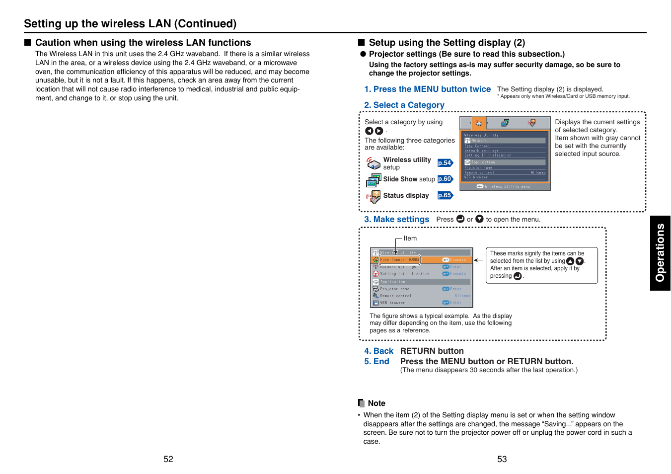 Caution when using the wireless lan functions, Setup using the setting display (2), P.53 | Operations, Setting up the wireless lan (continued) | Toshiba TDP-TW355 User Manual | Page 27 / 47