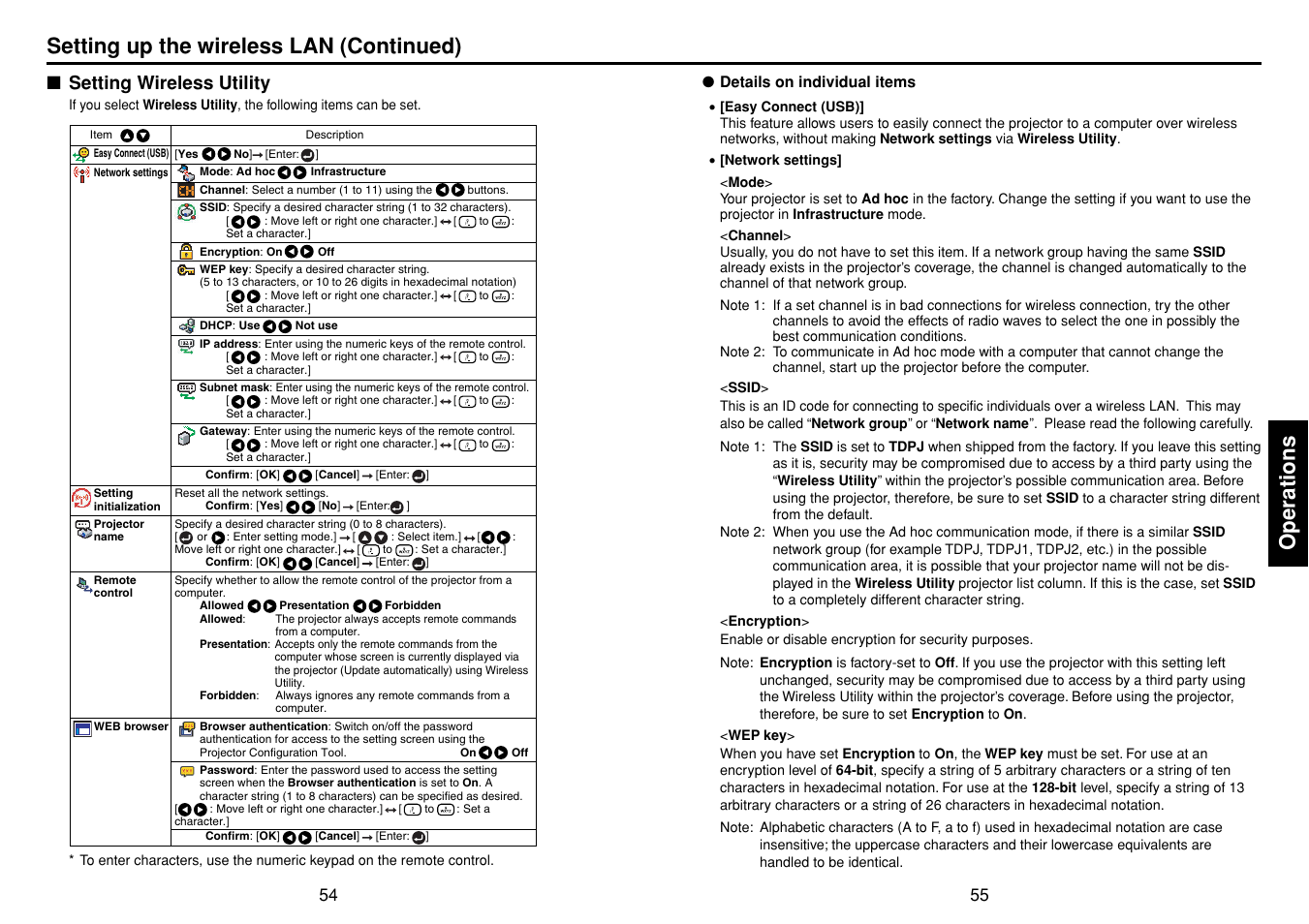 Setting wireless utility, Operations, Setting up the wireless lan (continued) | Toshiba TDP-TW355 User Manual | Page 28 / 47