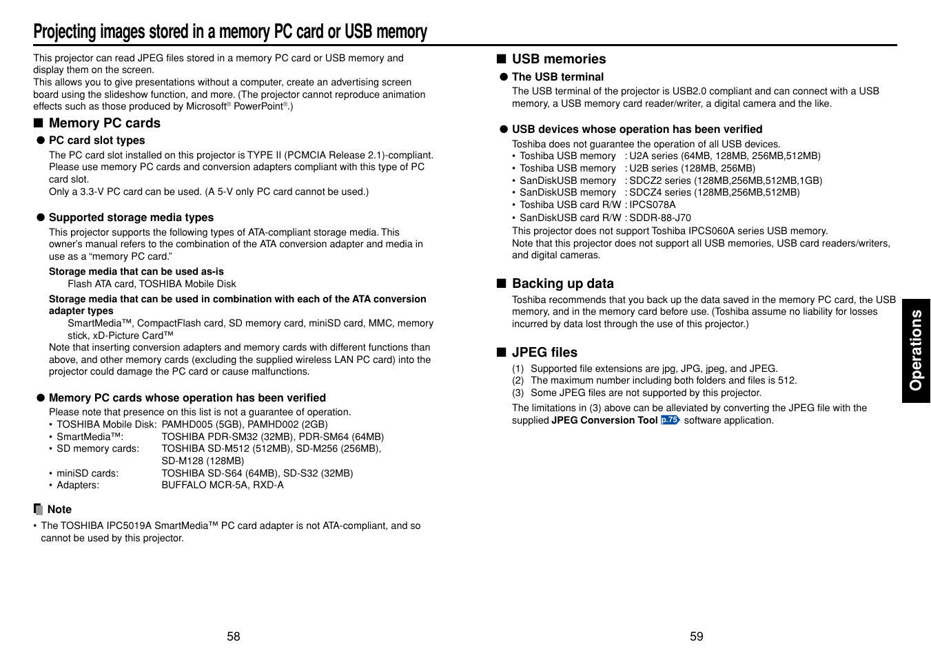 Memory pc cards, Usb memories, Backing up data | Jpeg files, P.58, Operations | Toshiba TDP-TW355 User Manual | Page 30 / 47