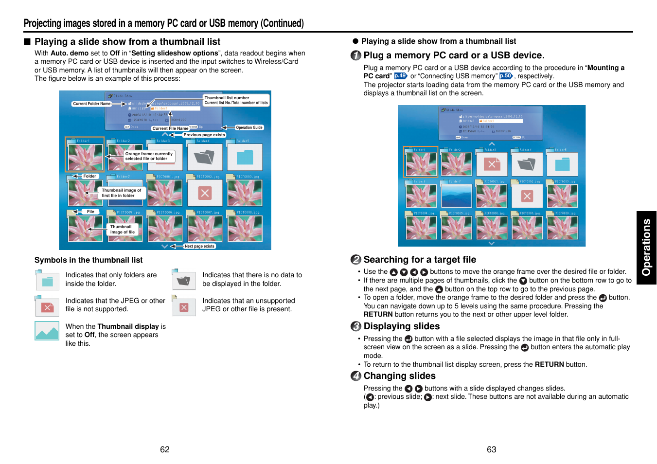 Playing a slide show from a thumbnail list, Operations | Toshiba TDP-TW355 User Manual | Page 32 / 47