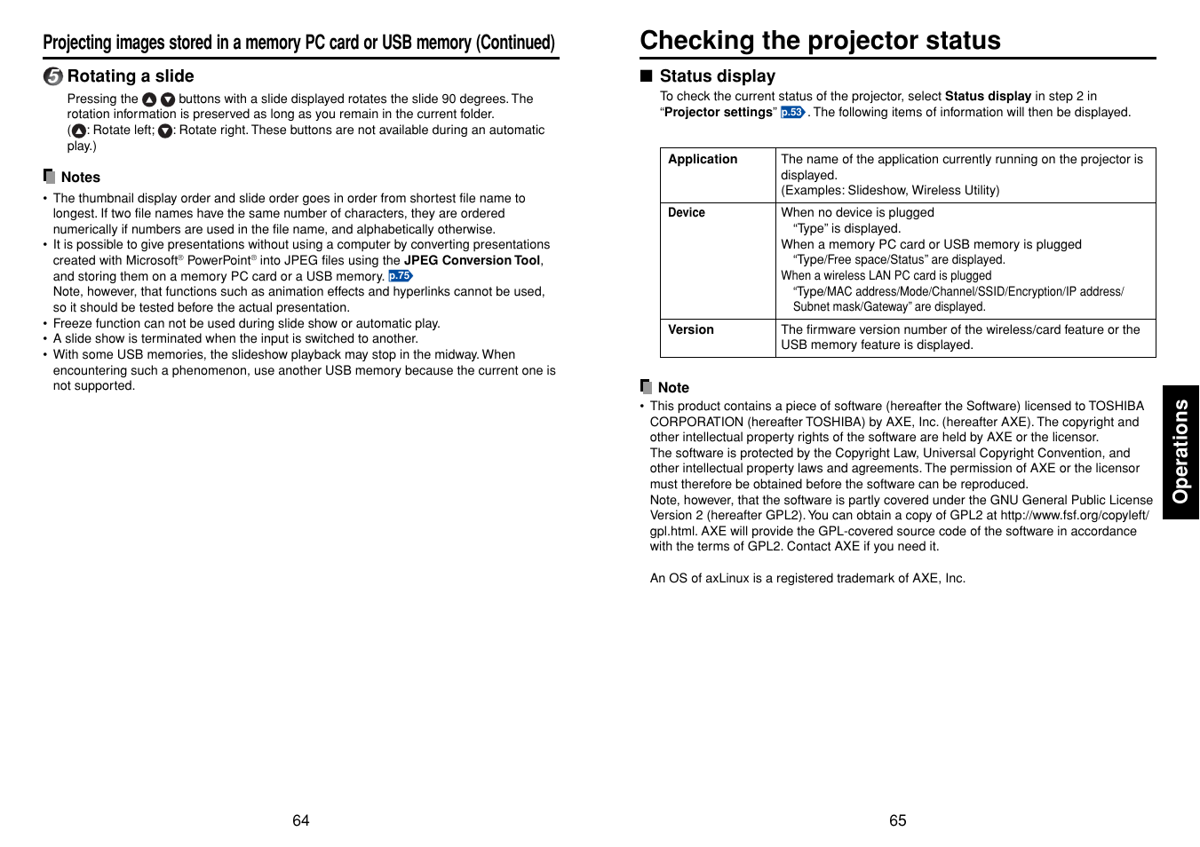 Checking the projector status, Status display, Operations | Toshiba TDP-TW355 User Manual | Page 33 / 47