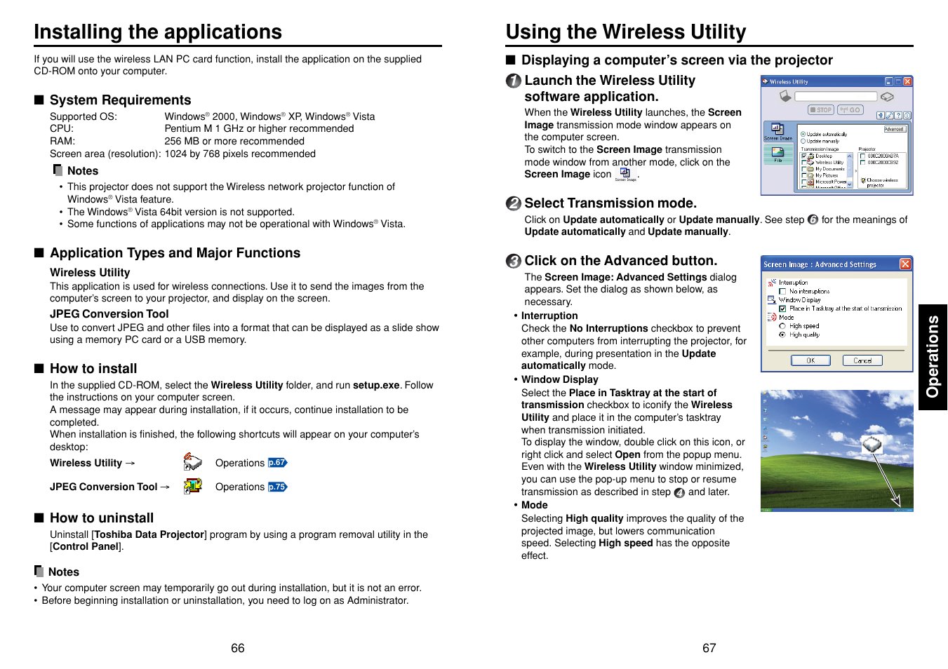 Installing the applications, Using the wireless utility, Displaying a computer’s screen via the projector | Operations | Toshiba TDP-TW355 User Manual | Page 34 / 47