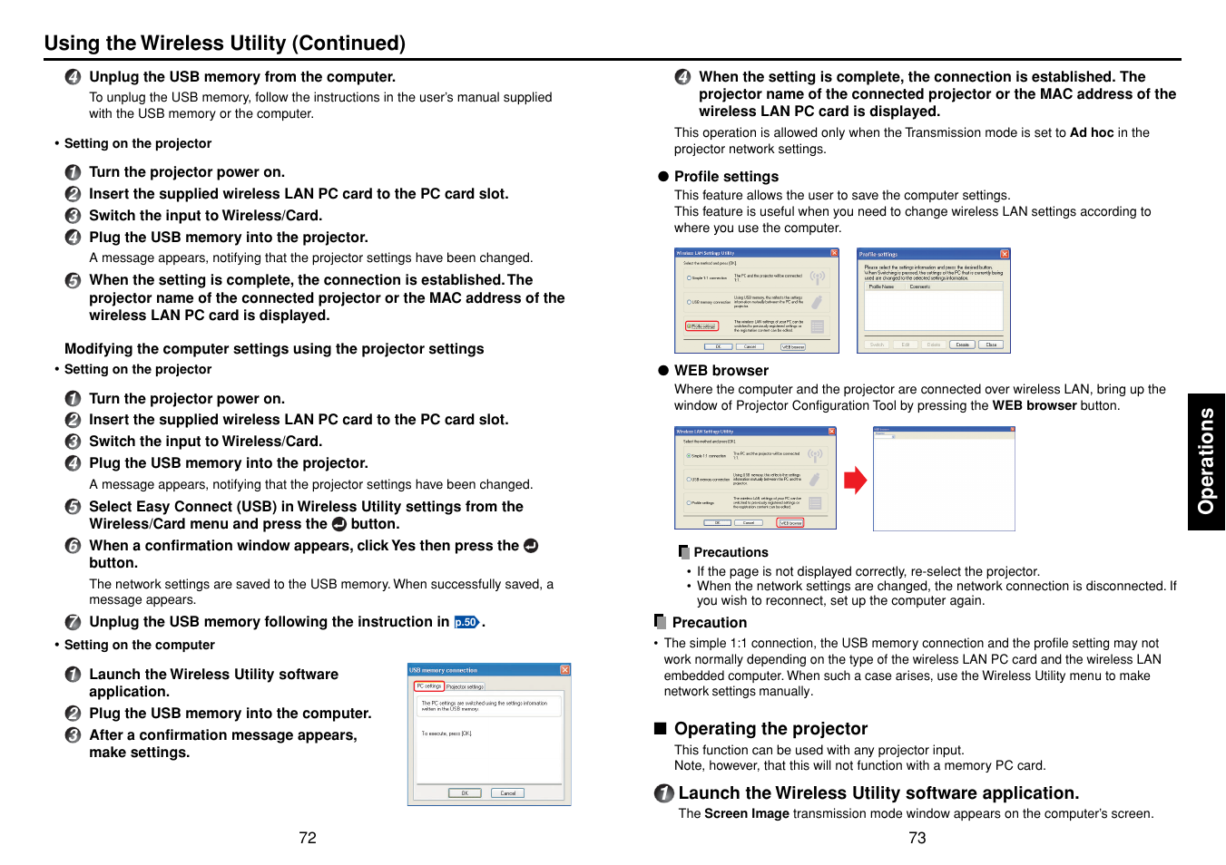 Operating the projector, Operations, Using the wireless utility (continued) | Toshiba TDP-TW355 User Manual | Page 37 / 47