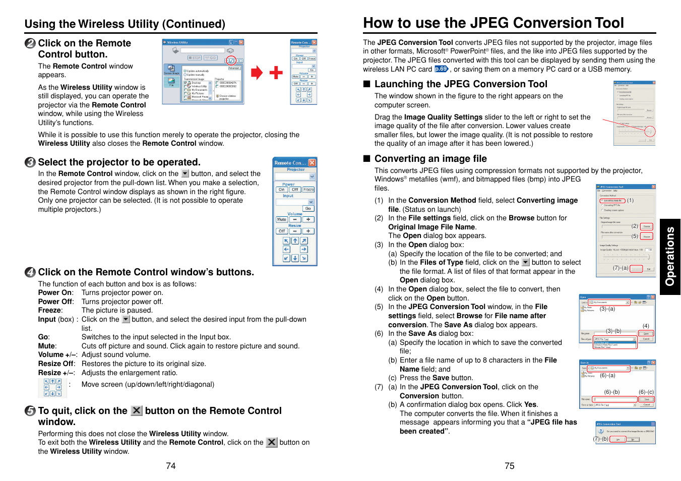 How to use the jpeg conversion tool, Launching the jpeg conversion tool, Converting an image file | P.75, Operations, Using the wireless utility (continued) | Toshiba TDP-TW355 User Manual | Page 38 / 47