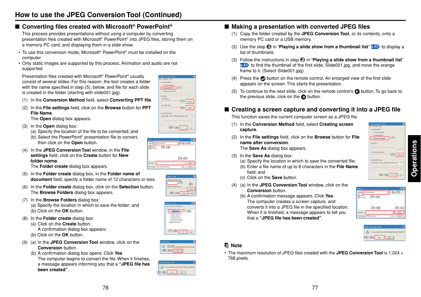 Making a presentation with converted jpeg files, Operations, How to use the jpeg conversion tool (continued) | Converting files created with microsoft, Powerpoint | Toshiba TDP-TW355 User Manual | Page 39 / 47