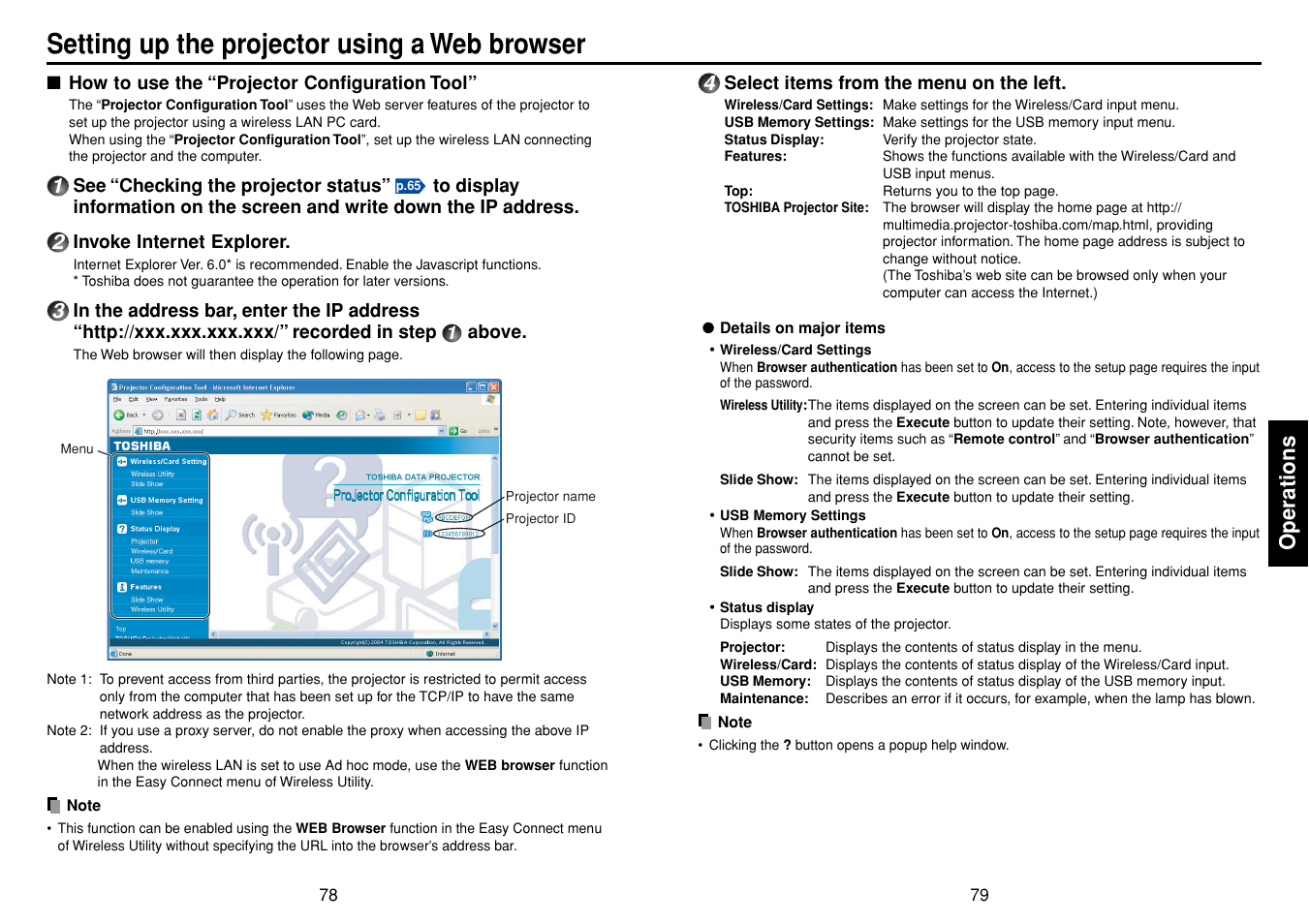 Setting up the projector using a web browser, How to use the “projector configuration tool, Operations | Toshiba TDP-TW355 User Manual | Page 40 / 47