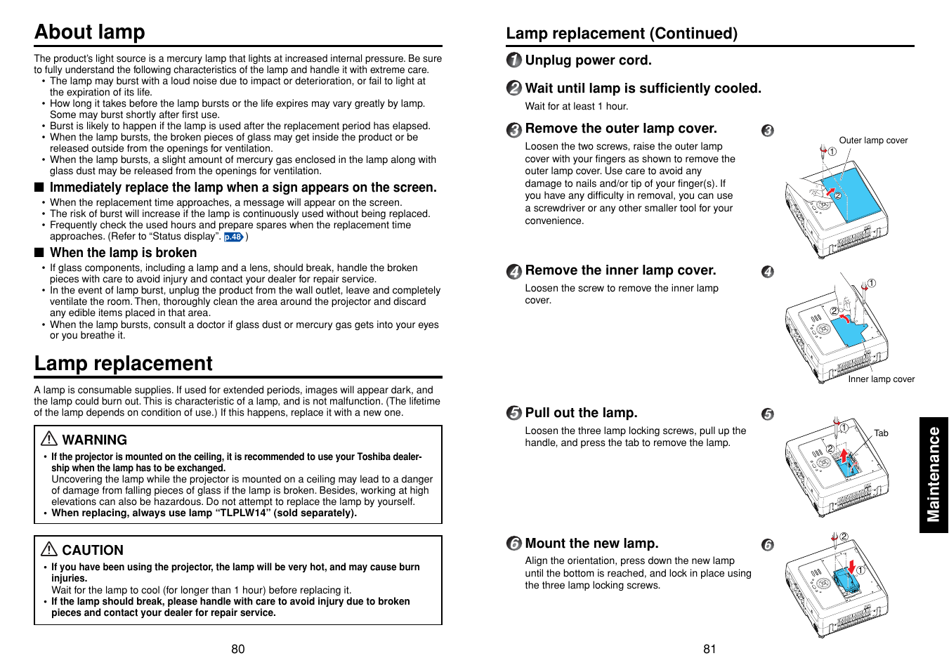 Maintenance, About lamp, Lamp replacement | P.81, Lamp replacement (continued) | Toshiba TDP-TW355 User Manual | Page 41 / 47