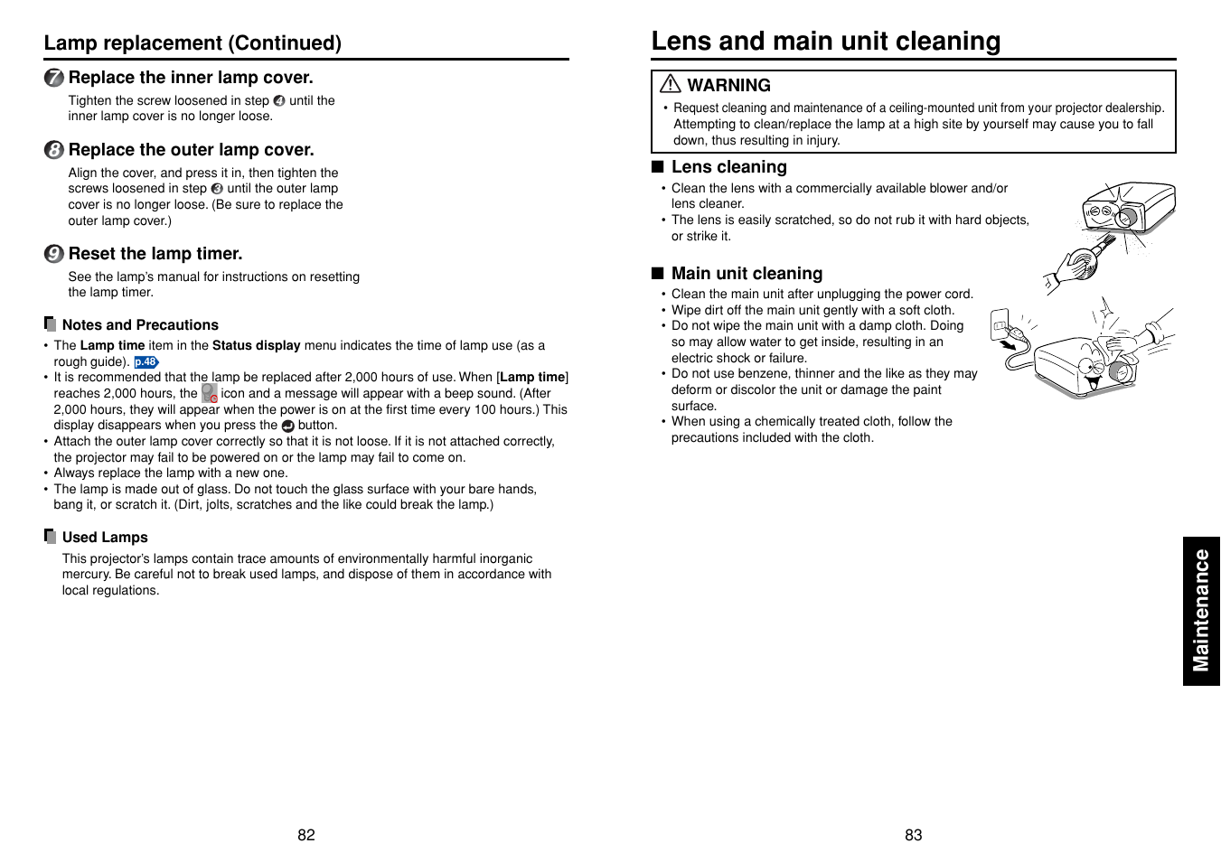 Lens and main unit cleaning, Maintenance, Lamp replacement (continued) | Toshiba TDP-TW355 User Manual | Page 42 / 47