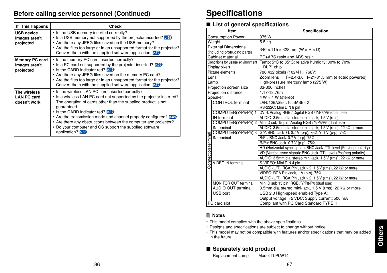 Specifications, List of general specifications, Separately sold product | Others, Before calling service personnel (continued) | Toshiba TDP-TW355 User Manual | Page 44 / 47