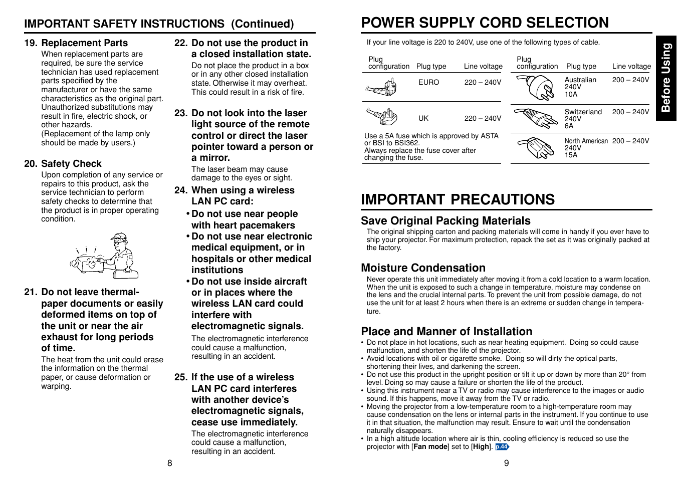 Power supply cord selection, Important precautions, Before using | Save original packing materials, Moisture condensation, Place and manner of installation, Important safety instructions (continued) | Toshiba TDP-TW355 User Manual | Page 5 / 47