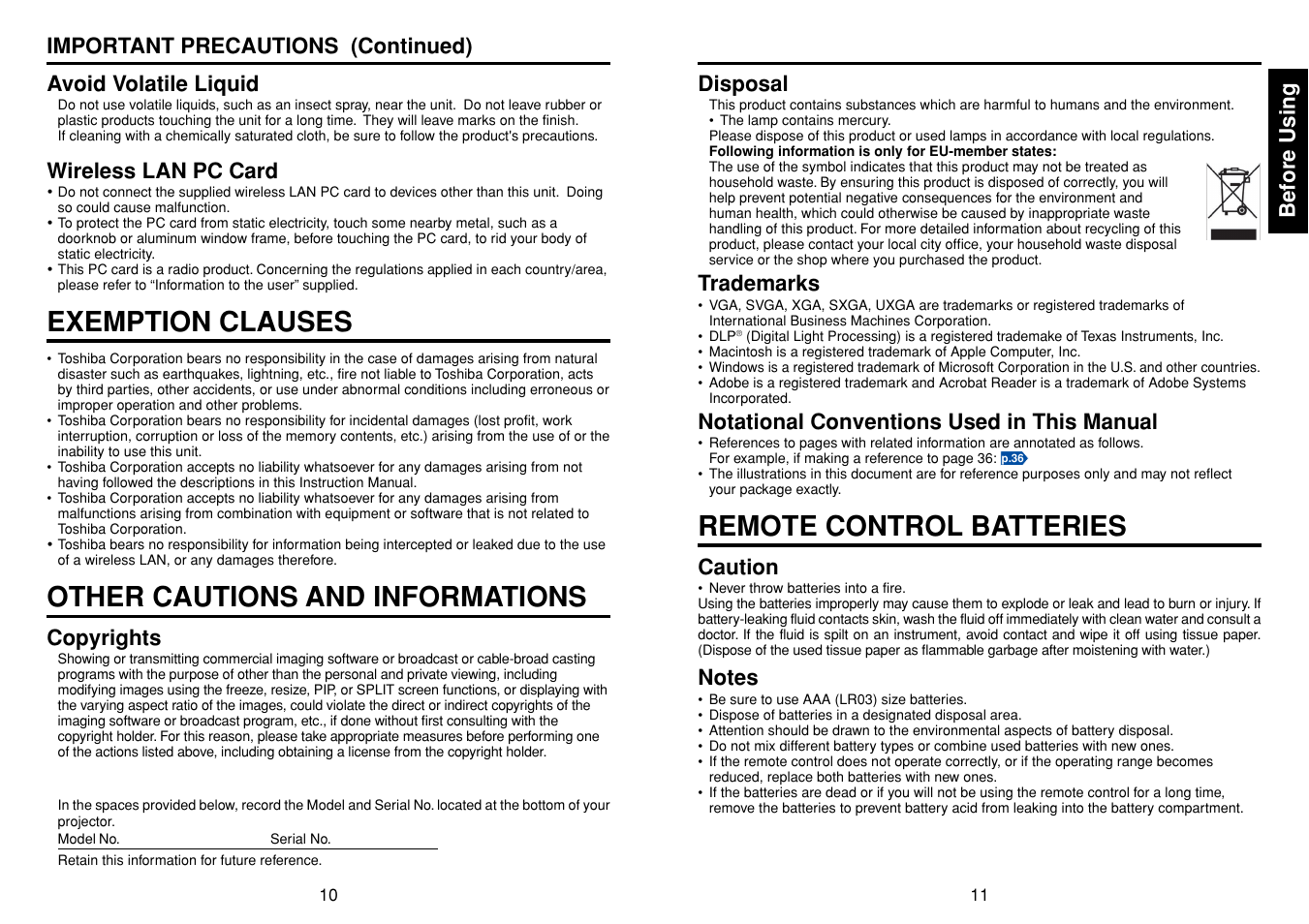Exemption clauses, Other cautions and informations, Remote control batteries | Before using, Disposal, Trademarks, Notational conventions used in this manual, Caution, Wireless lan pc card, Copyrights | Toshiba TDP-TW355 User Manual | Page 6 / 47