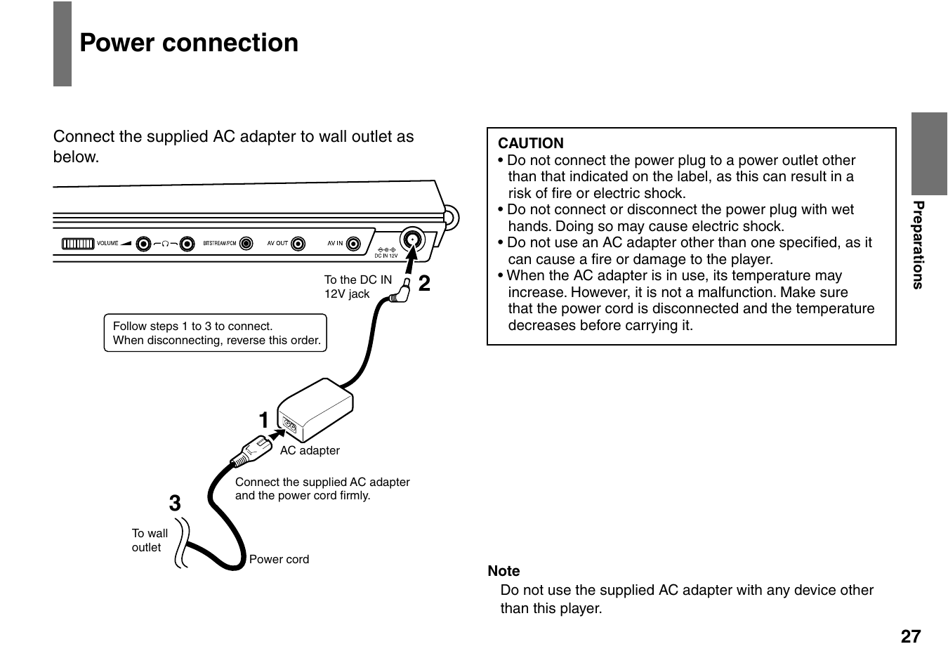 Power connection | Toshiba SD-P2900SR User Manual | Page 27 / 80