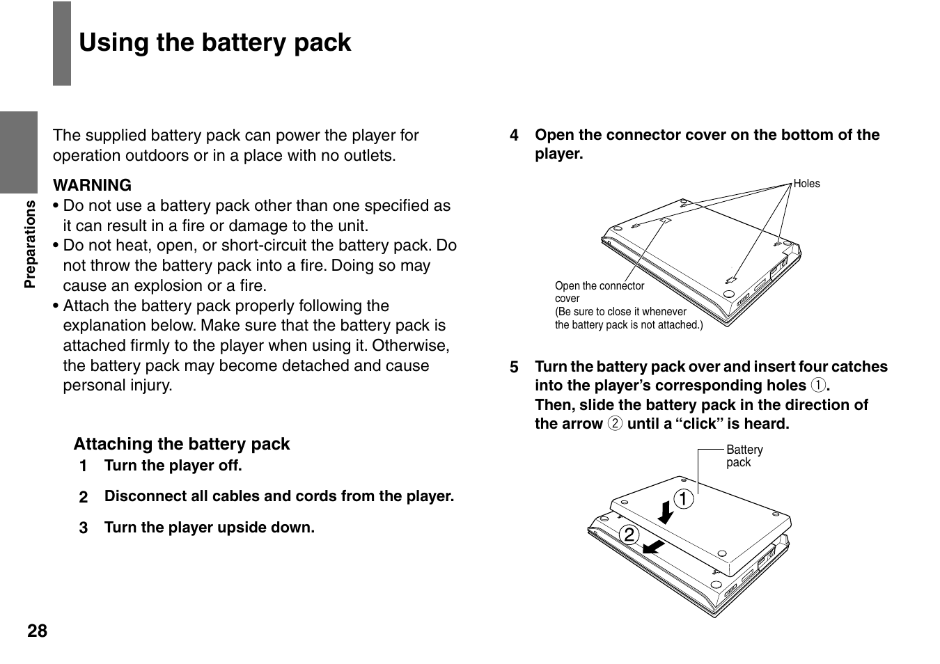 Using the battery pack | Toshiba SD-P2900SR User Manual | Page 28 / 80