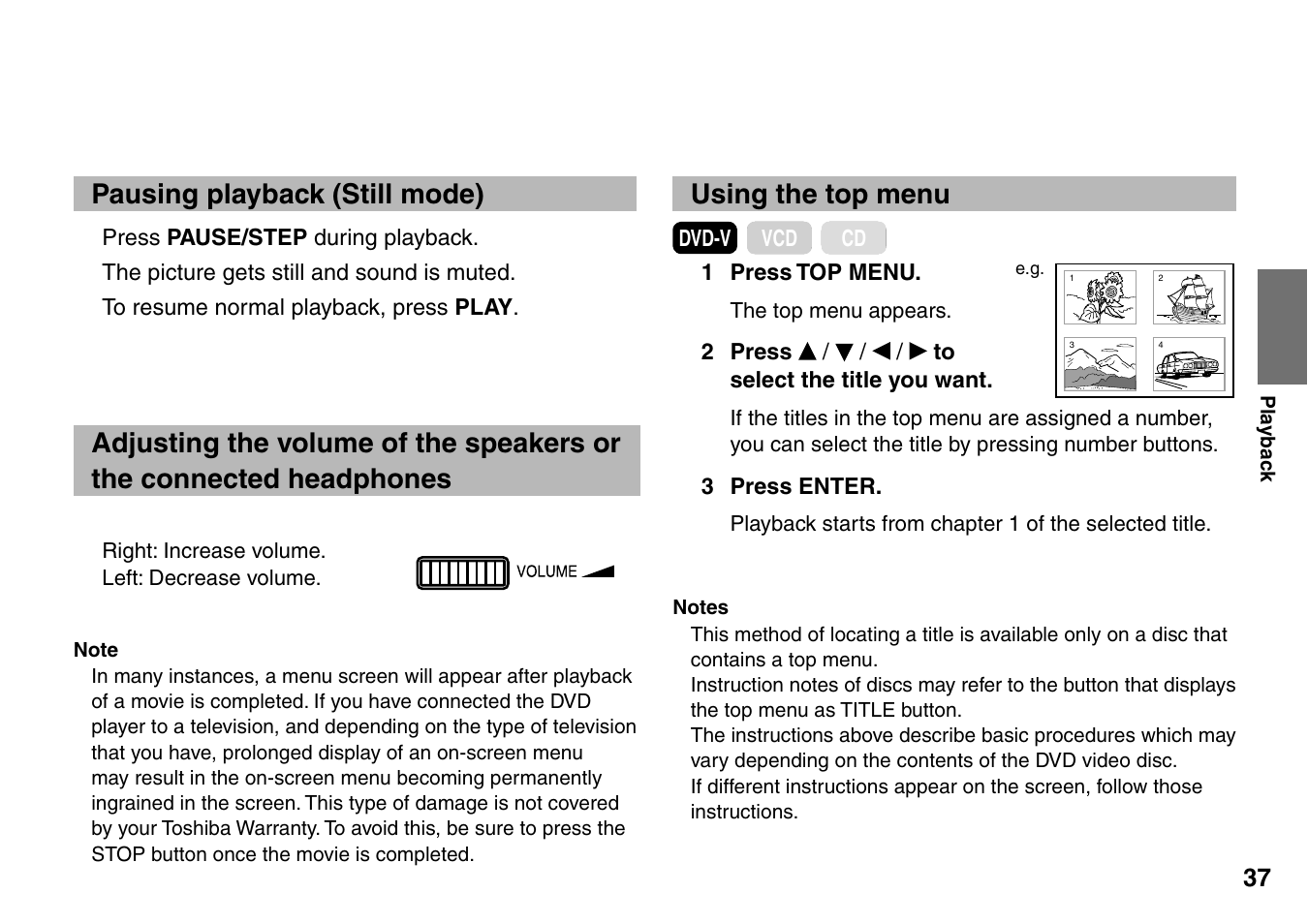 Pausing playback (still mode), Using the top menu | Toshiba SD-P2900SR User Manual | Page 37 / 80