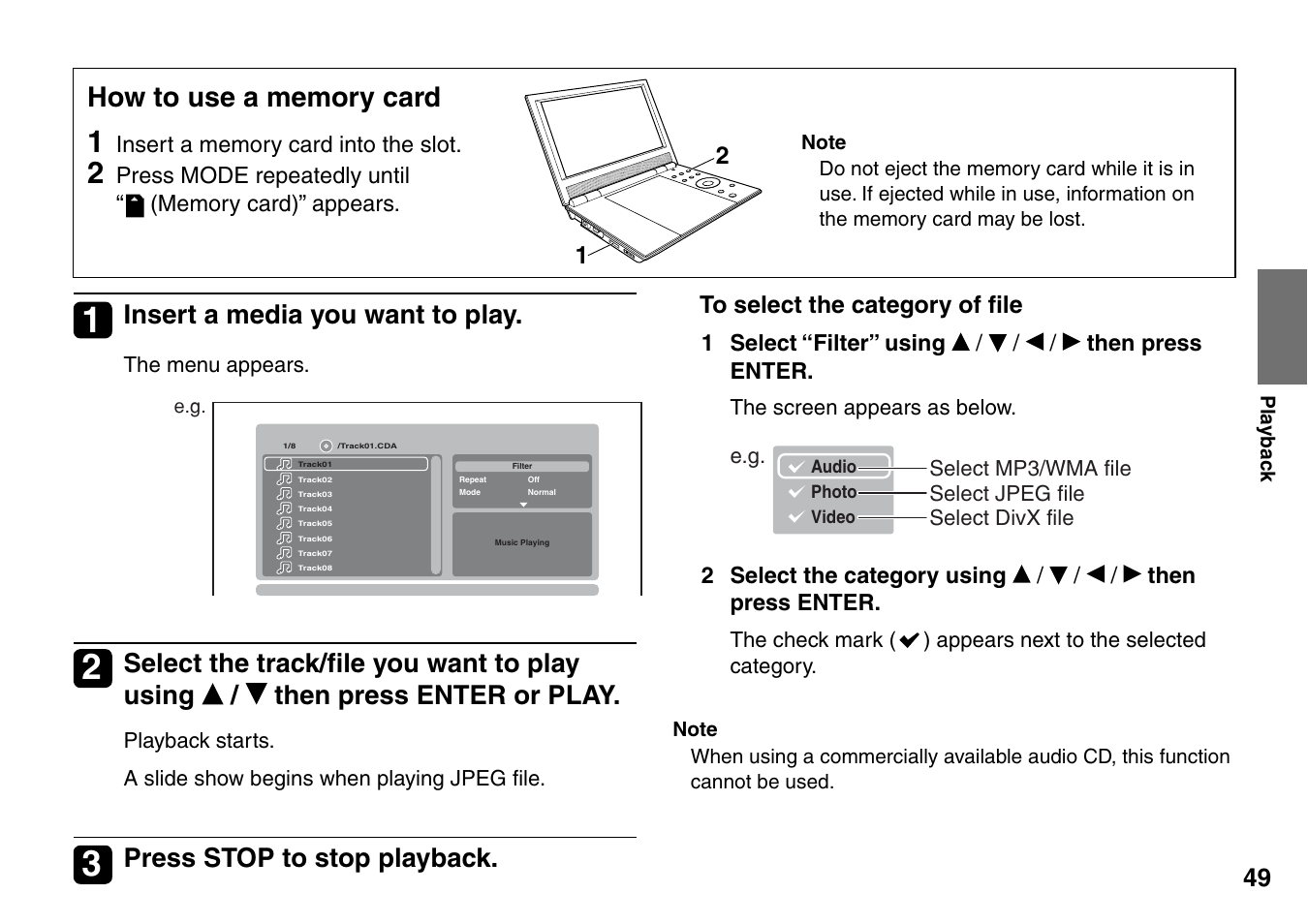 Insert a media you want to play, Press stop to stop playback | Toshiba SD-P2900SR User Manual | Page 49 / 80