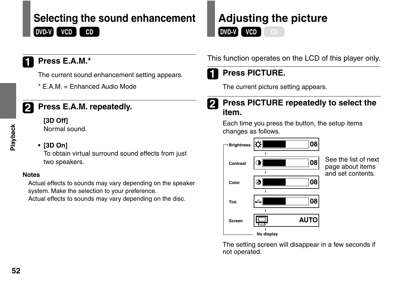 Selecting the sound enhancement, Adjusting the picture | Toshiba SD-P2900SR User Manual | Page 52 / 80