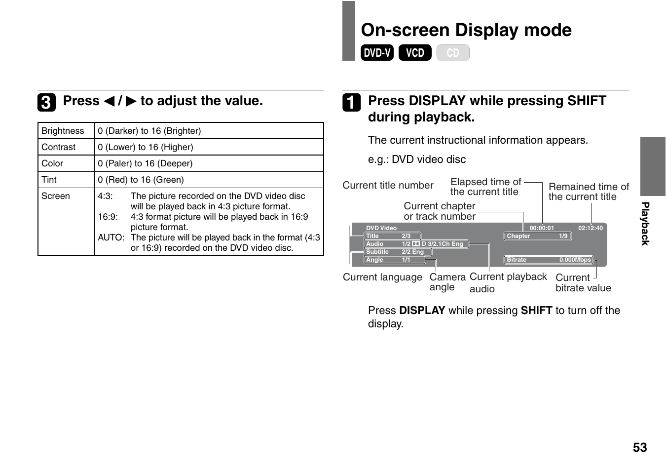 On-screen display mode, Press display while pressing shift during playback, Press / to adjust the value | Toshiba SD-P2900SR User Manual | Page 53 / 80