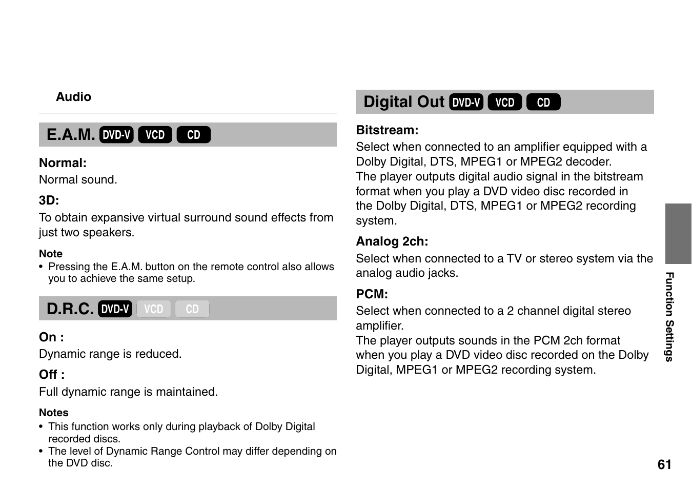 E.a.m, D.r.c, Digital out | Toshiba SD-P2900SR User Manual | Page 61 / 80