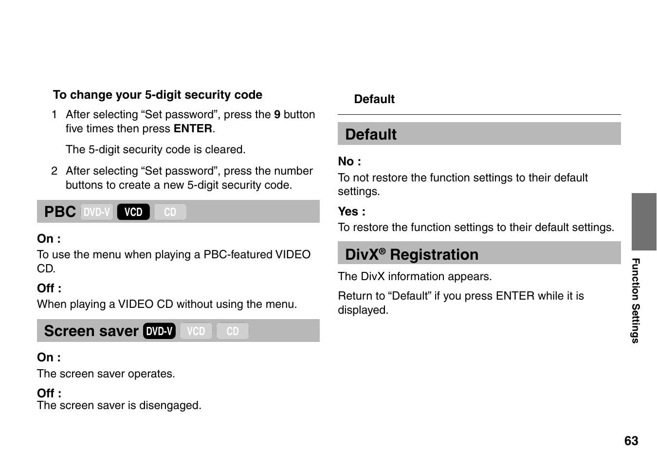 Screen saver, Default, Divx | Registration | Toshiba SD-P2900SR User Manual | Page 63 / 80