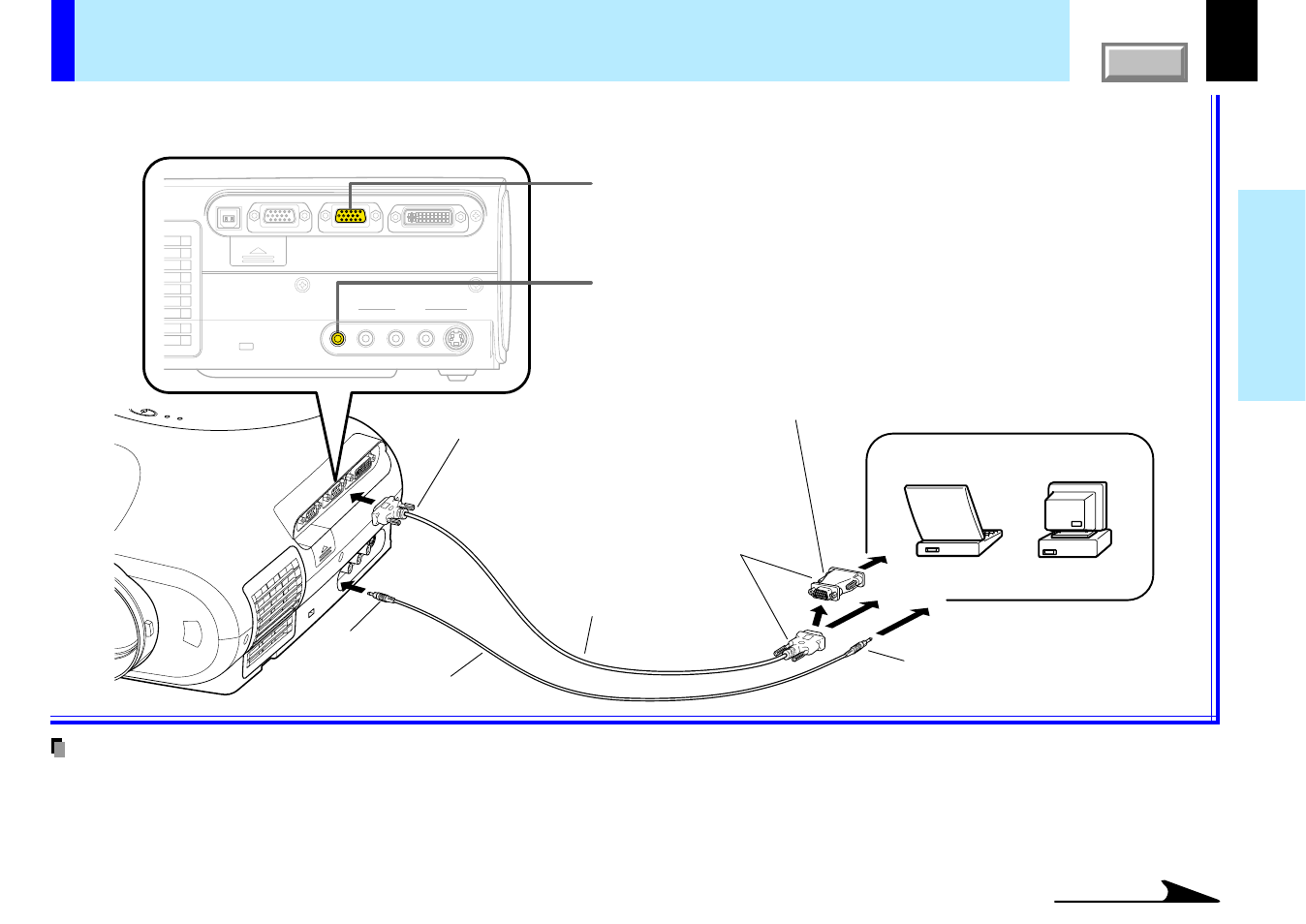 Connecting a computer （computer in 1 connector, Connecting a computer (computer in 1 connector), Connecting a computer | Computer in 1 connector), 22 installation and connection, Continued | Toshiba TLP780U User Manual | Page 22 / 80