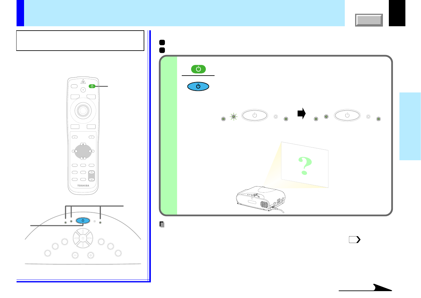 Operations, Projection on the screen, 28 operations | Press on/standby, Continued, Preparation, The lamp lights and the startup screen appears, Remote control control panel (main unit side) | Toshiba TLP780U User Manual | Page 28 / 80