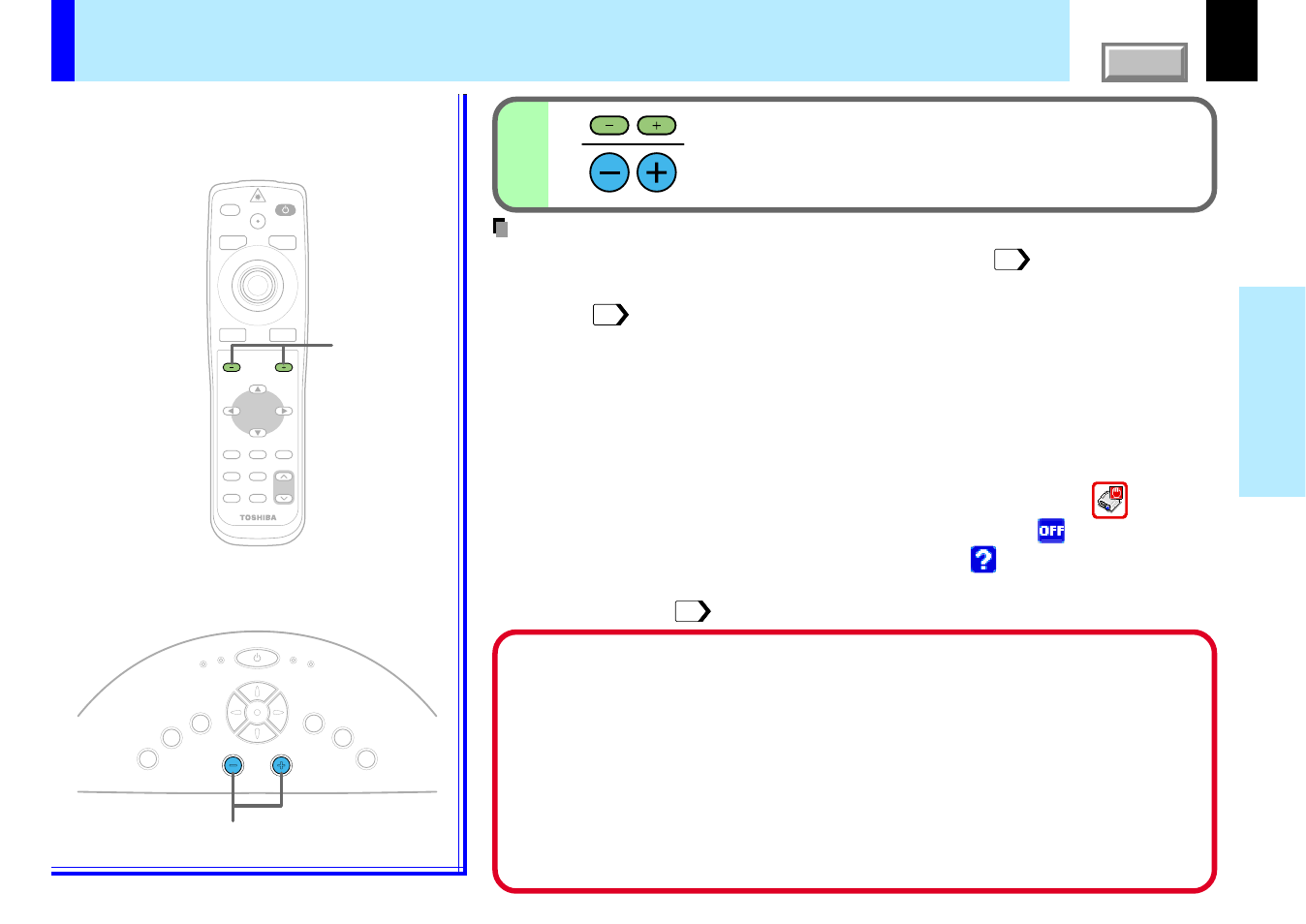 Projection on the screen (continued), 32 operations, Press vol/adj (+/-) to adjust volume | Remote control control panel (main unit side) | Toshiba TLP780U User Manual | Page 32 / 80