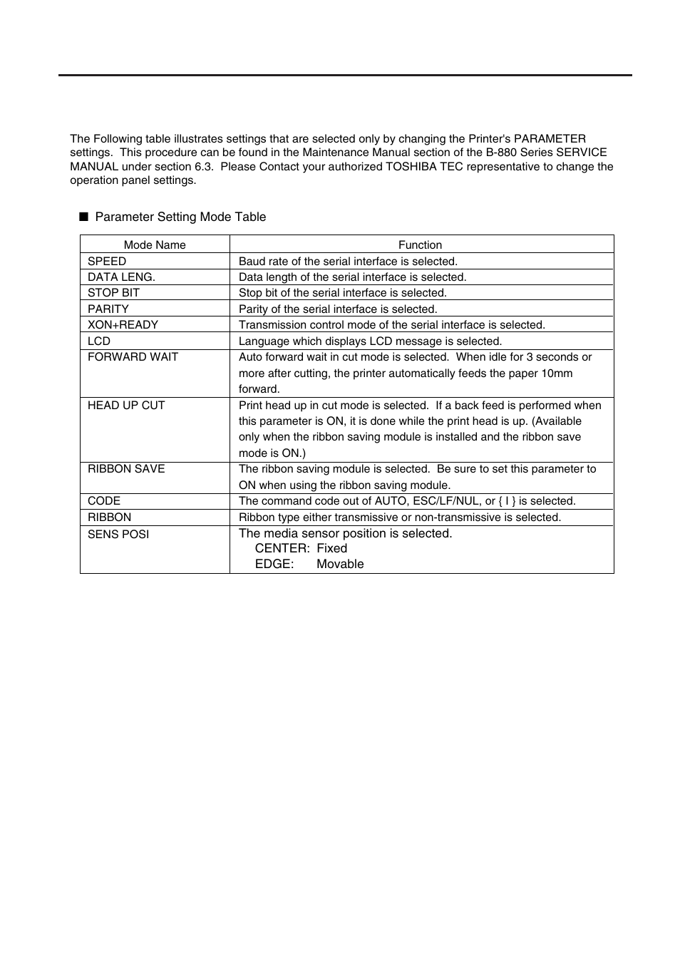 Parameter setting functions | Toshiba B-880-QQ SERIES User Manual | Page 11 / 34