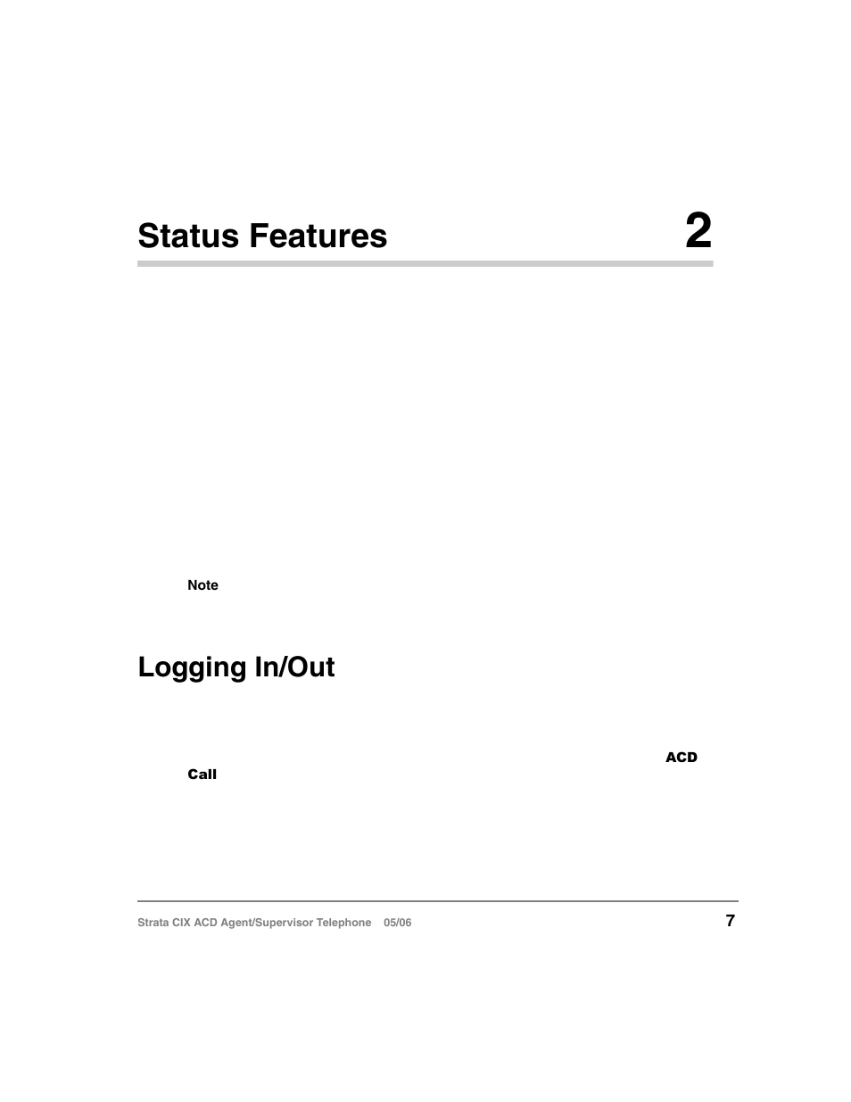 Status features 2, Logging in/out, Status features | Toshiba Strata CIX ACD Agent/Supervisor Telephone CIX-SG-CCACD-VB User Manual | Page 17 / 38