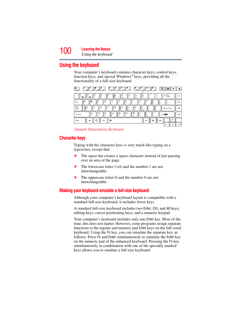 Using the keyboard, Character keys, Making your keyboard emulate a full-size keyboard | Keyboard | Toshiba SATELLITE M500 User Manual | Page 100 / 258