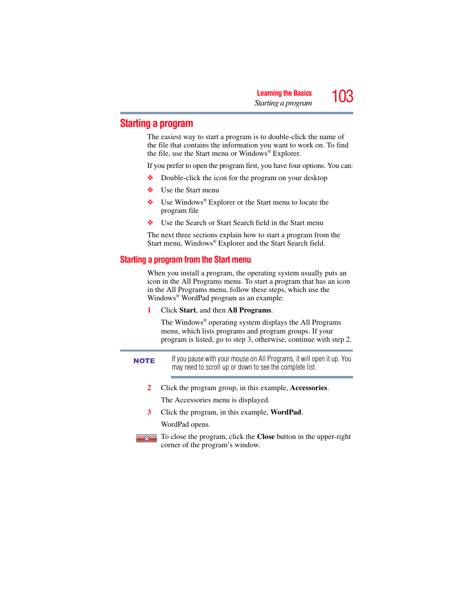 Starting a program, Starting a program from the start menu | Toshiba SATELLITE M500 User Manual | Page 103 / 258