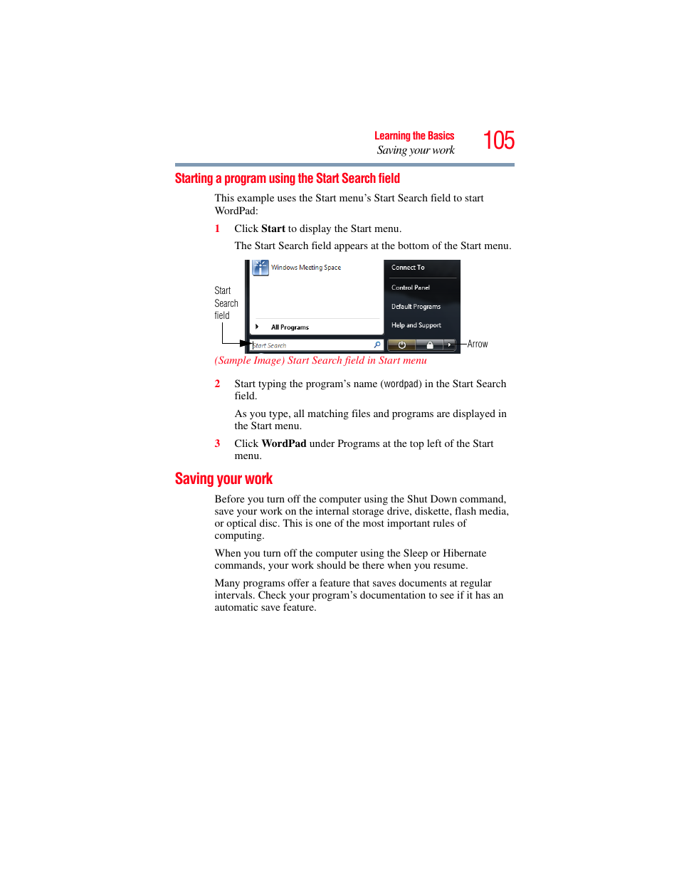 Starting a program using the start search field, Saving your work, Starting a program using the start | Search field | Toshiba SATELLITE M500 User Manual | Page 105 / 258