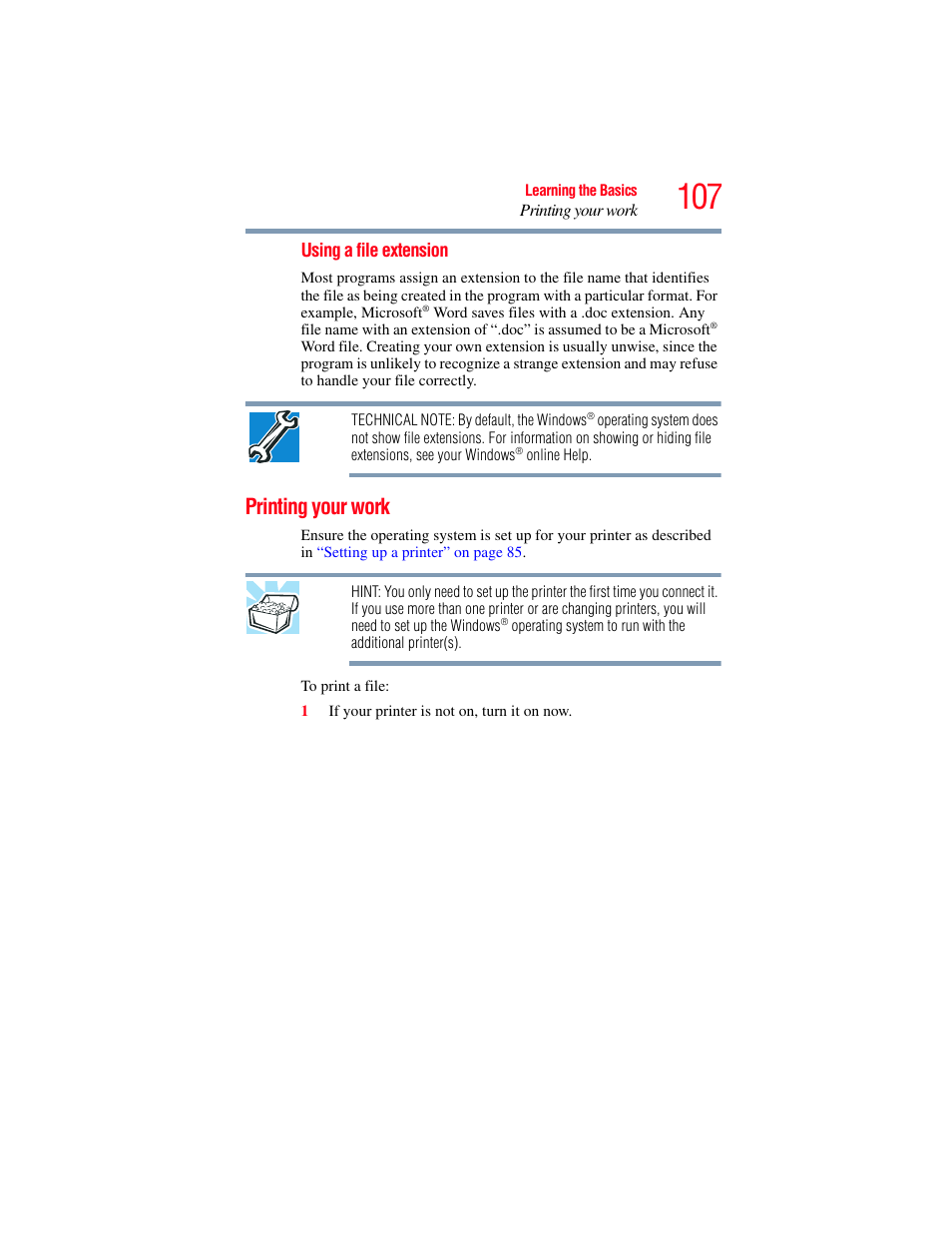 Printing your work | Toshiba SATELLITE M500 User Manual | Page 107 / 258