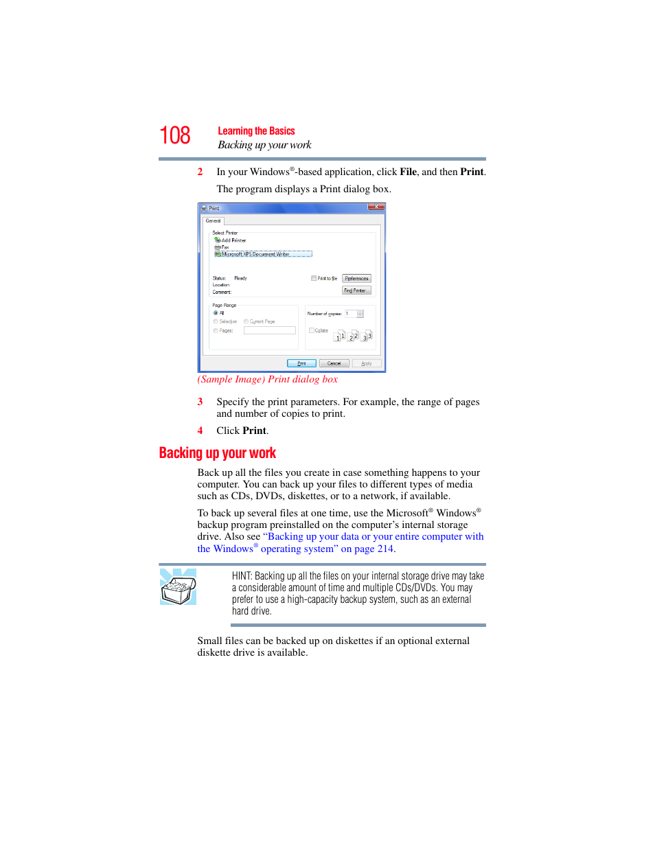 Backing up your work | Toshiba SATELLITE M500 User Manual | Page 108 / 258