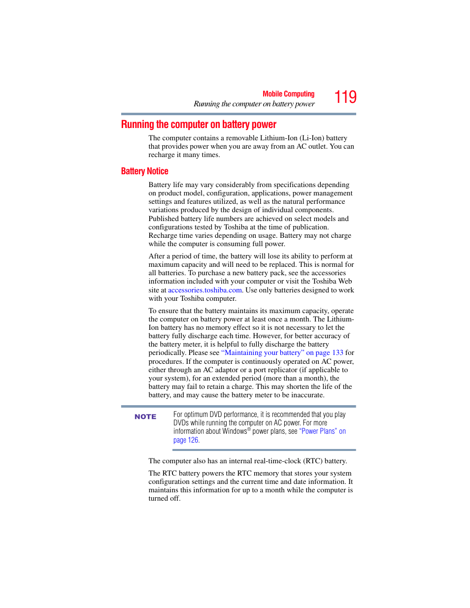 Running the computer on battery power, Battery notice | Toshiba SATELLITE M500 User Manual | Page 119 / 258