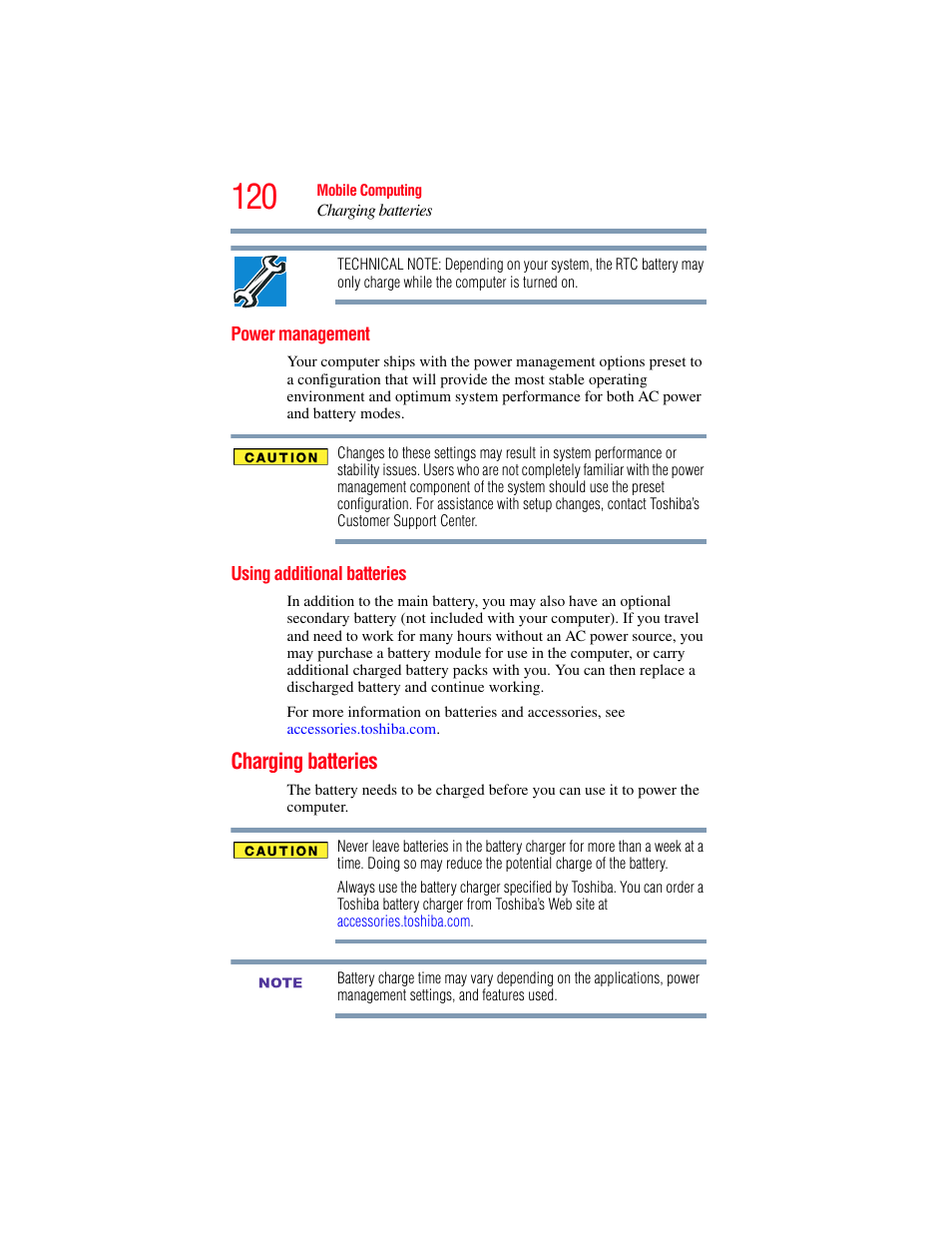 Power management, Using additional batteries, Charging batteries | Power management using additional batteries | Toshiba SATELLITE M500 User Manual | Page 120 / 258