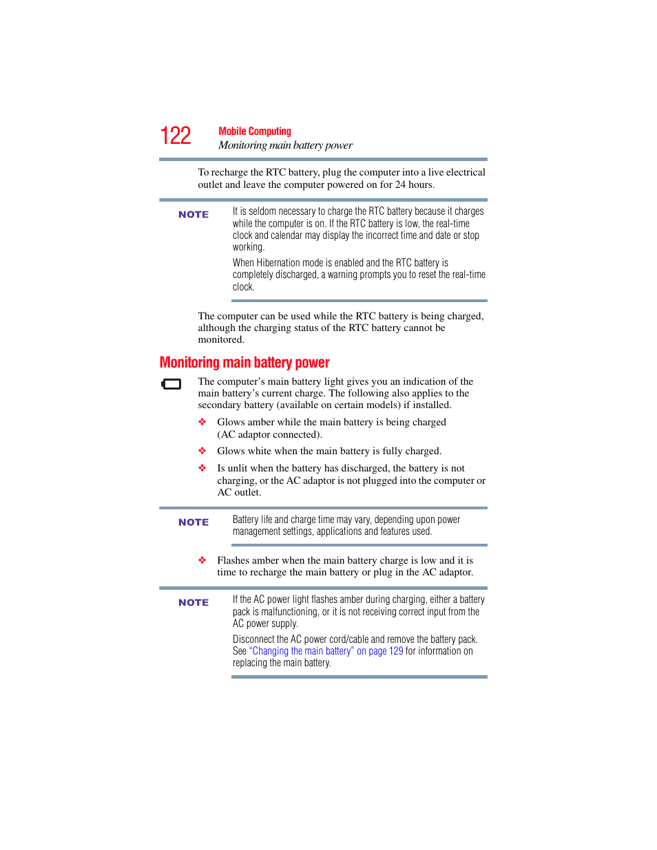 Monitoring main battery power | Toshiba SATELLITE M500 User Manual | Page 122 / 258